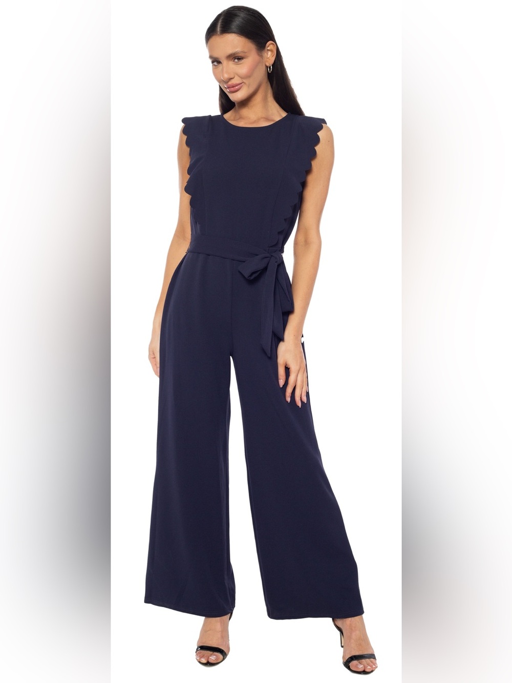 Isaac Mizrahi Navy Scalloped Sleeveless Wide-Leg Jumpsuit with Tie Waist